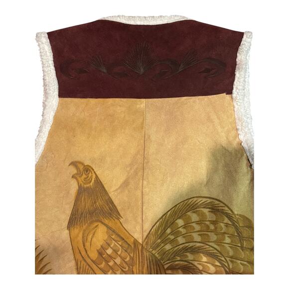 Vintage Pyrographed leather Suede Rooster Western Sherpa lined Vest size XL - Picture 14 of 16